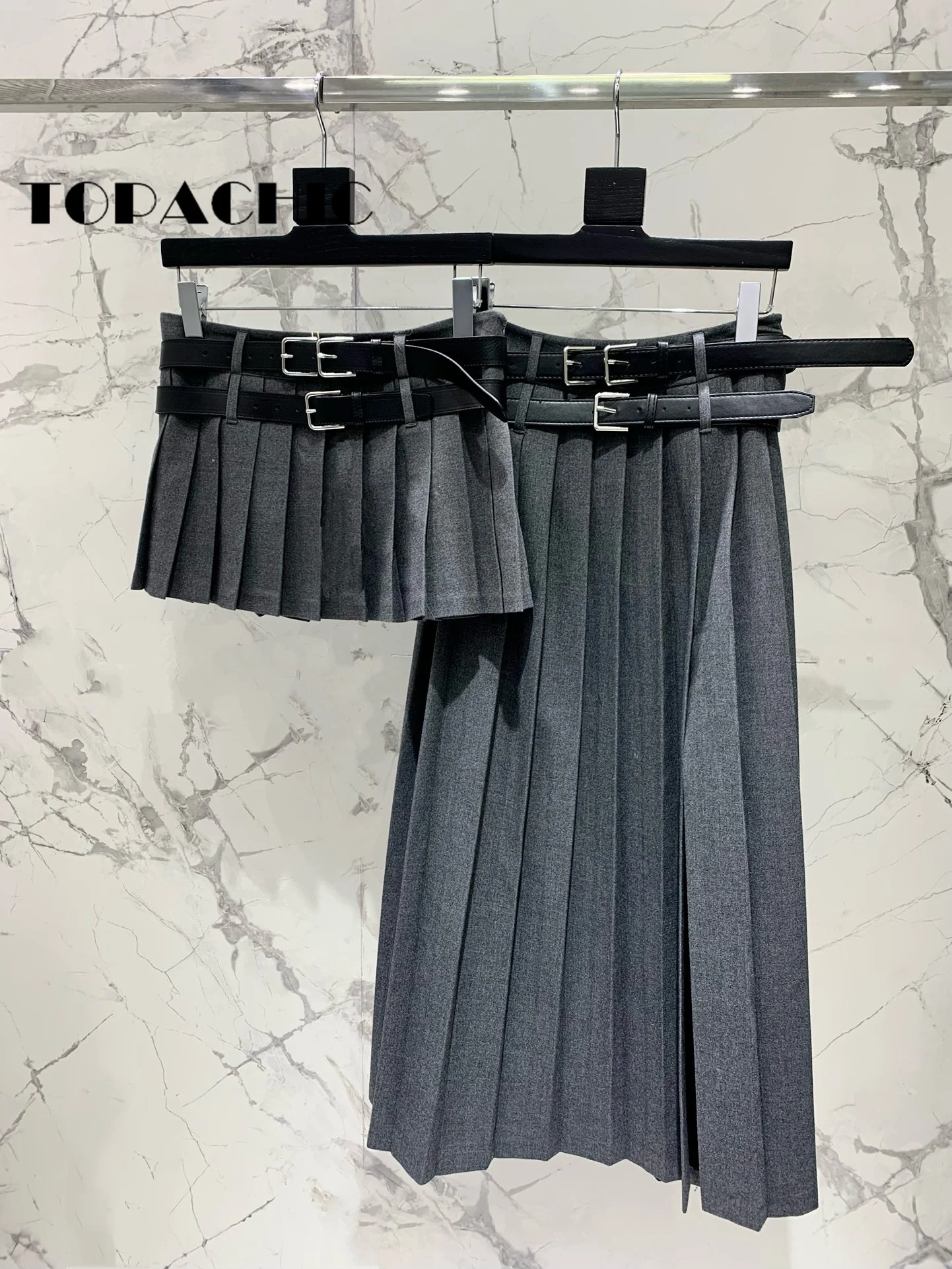 8.6 TOPACHIC Women Temperament All-matches Double Buckle Sashes Design Long Pleated Skirt Solid Casual Party Short Skirt