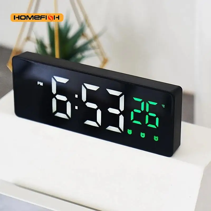Voice Control Digital Alarm Clock Temperature Date Display Snooze Table Clock 3 Alarms 12/24H Mirror LED Clock With USB Cable