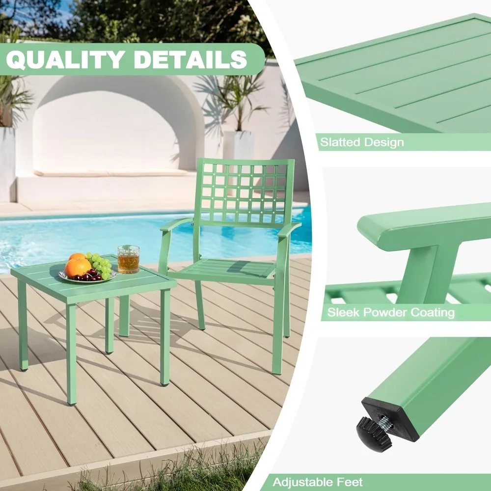 مجموعة أثاث الفناء الخارجي لجميع الأحوال الجوية - بيسترو مكون من 3 قطع مع كراسي معدنية قابلة للتكديس وطاولة مربعة، مقاومة للماء ومتينة #4