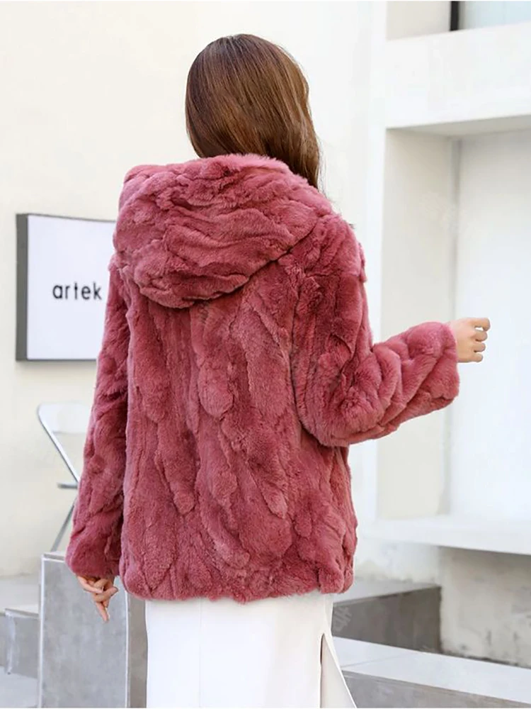 Winter Women\'s Real Fur Coat Loose Top Rabbit Fur Jacket Hood Women Clothing Fluffy Furry Natural Fur Jackets With Pockets Parka