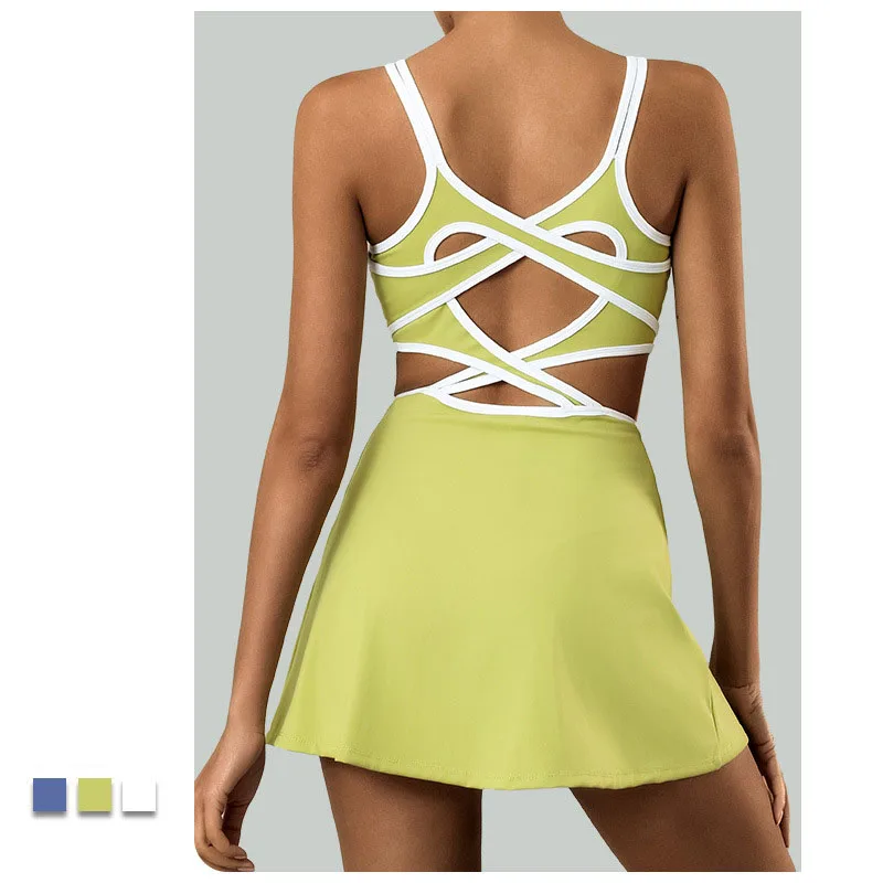 

Tennis Sports Dresses Sexy Back Cross All-in-one Yoga Suits with Shorts Fitness Clothing Quick Dry Leisure Golf Sports Gym Sets