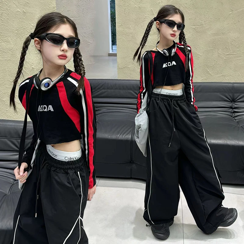 Motorcycle Style Kids Girl Set 2024 New Color Contrast Long Sleeve T-shirt&Casual Pants Jazz Street dancer Garment Cool Girl Set