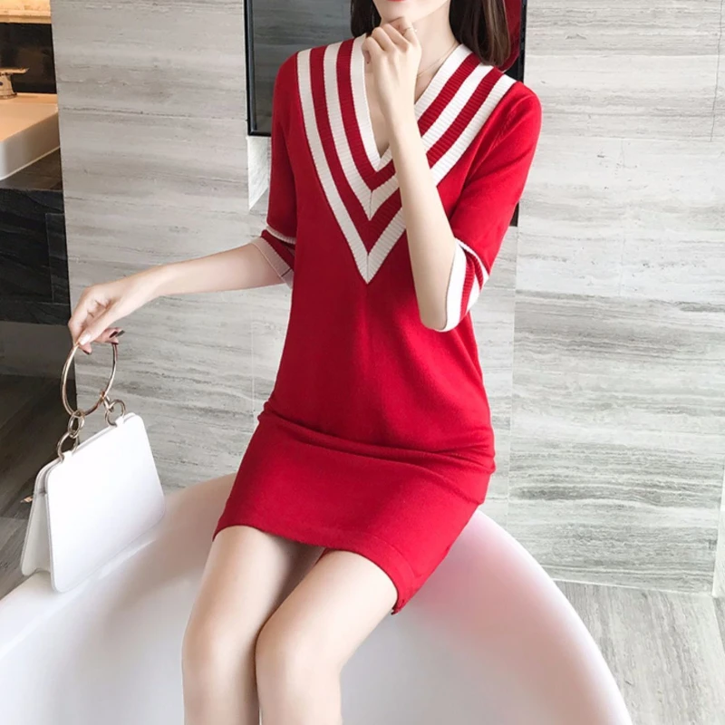 Women's Dresses Colorblock Extreme Mini Loose Knit Short Crochet Female Dress Clothing V Neck Novelty Emo Y 2k Vintage Trend Xxl