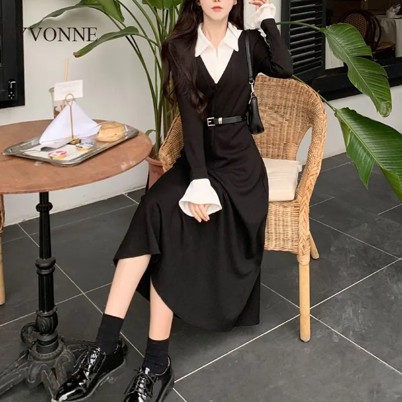 

New Women Dresses With Blelt 2023 Spring Summer Korean Chic Office Lady Turn Down Collar Vestido Patchwork Black A Line Sundress