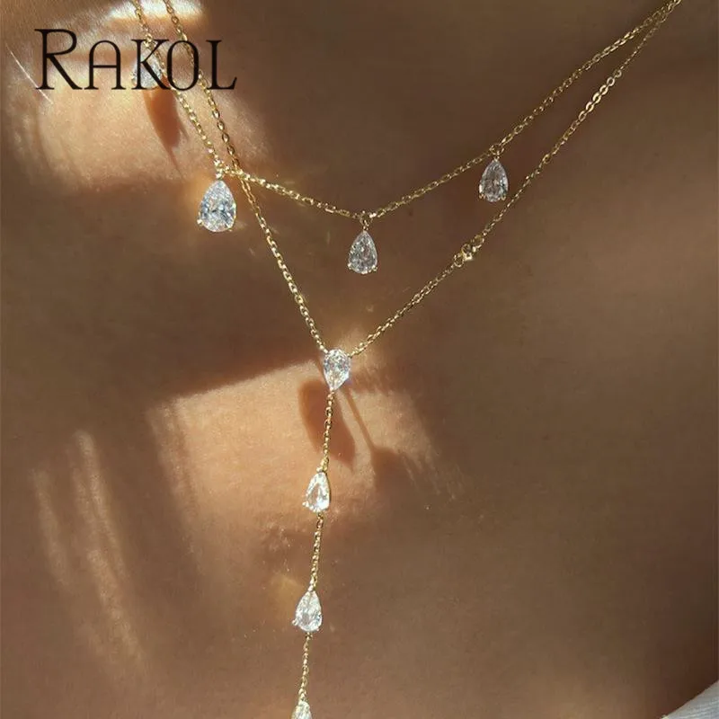 RAKOL Fashion Geometric Inlaid Zircon Water Drop Tassel Necklace For Women Gold Color Overlay Clavicle Chain Charm Party Jewelry