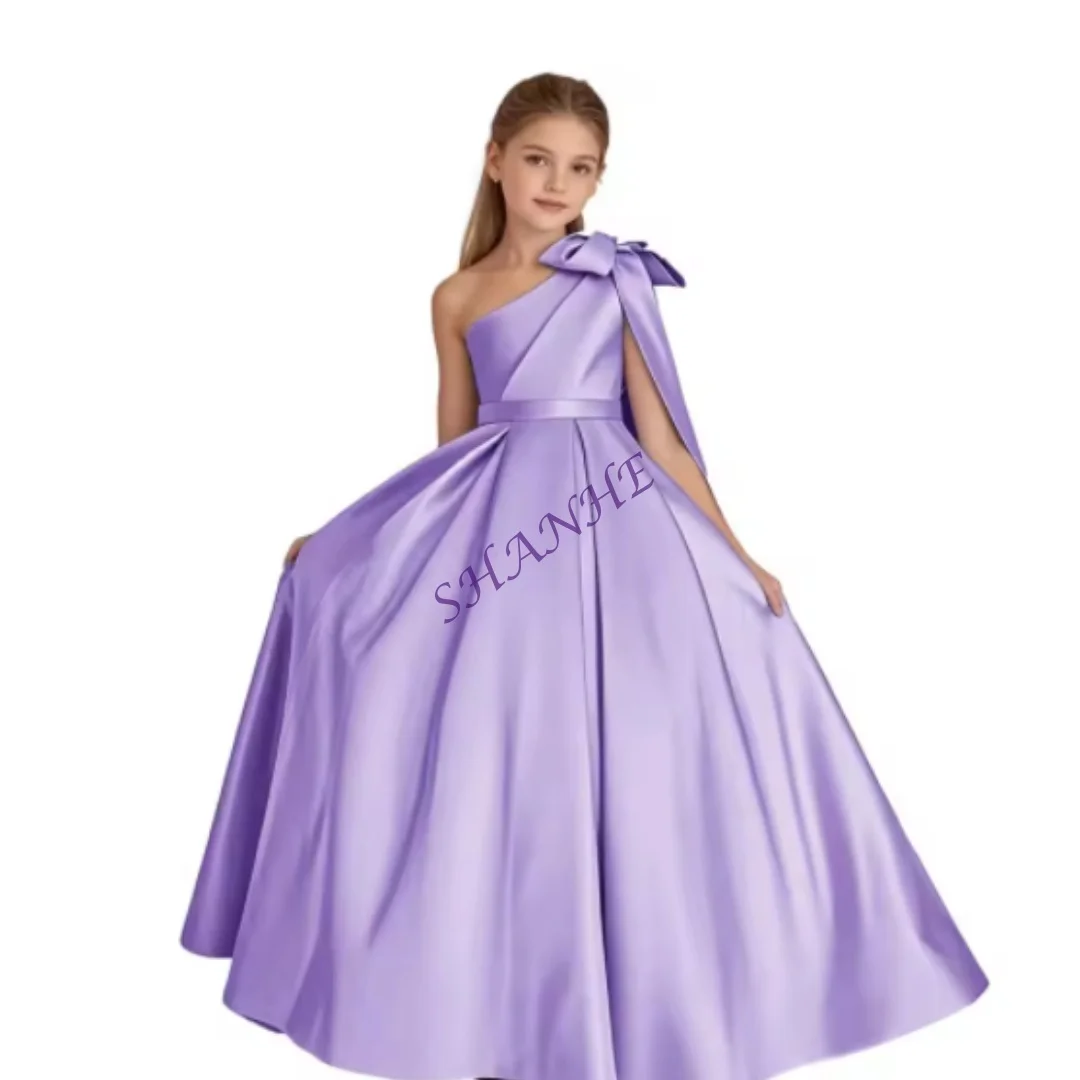 

Индивидуальное платье с цветочным узором на одно плечо для девочек на свадьбу, атласные пышные платья 2025 года для девочек, платье для первого причастия с бантом Go