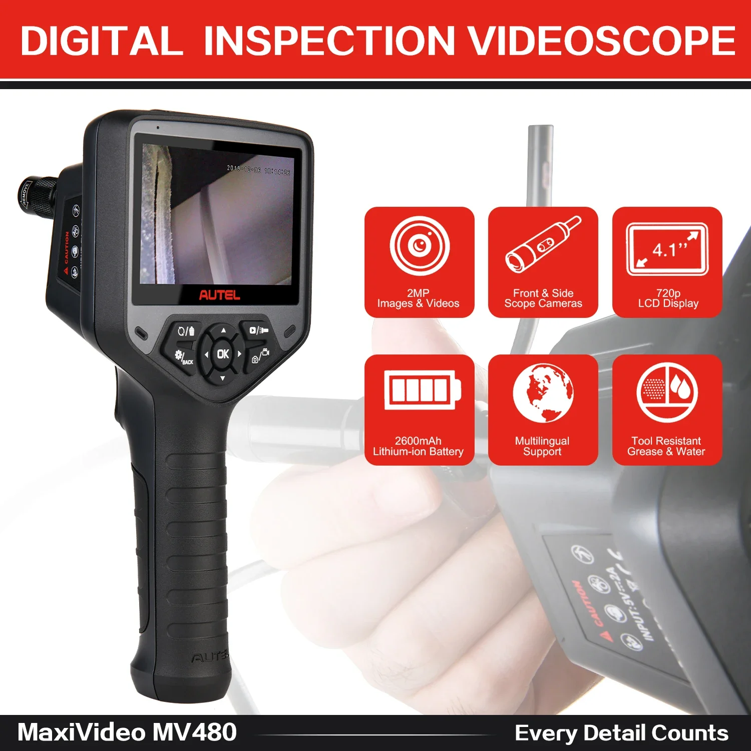 Autel Maxivideo MV480 1080P HD Digital Videoscope Industrial Endoscope Dual Lens 8.5mm Image Head,Waterproof Cable for Car/Wall