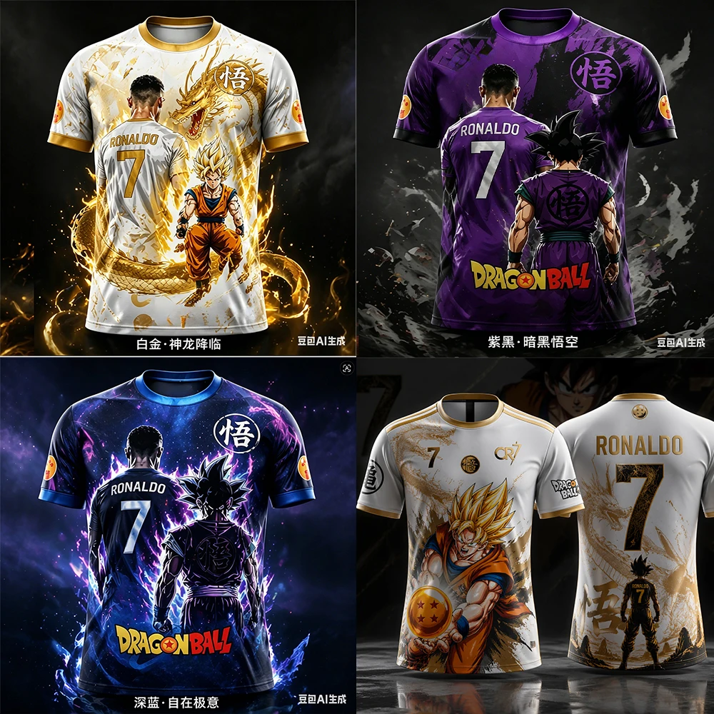 Kid/Adults  Summer New Hot Dragon Ball/Ronaldo Short Sleeved Tee Oversized Breathable Quick Drying Soccer Sports Top Men Jersey