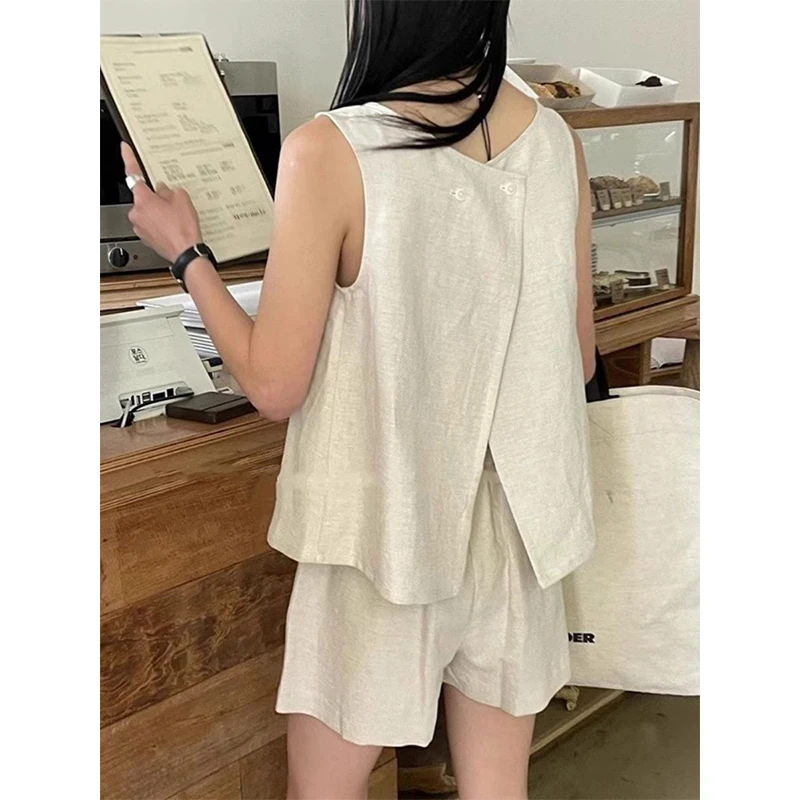 Women Summer Cotton and linen Simplicity Solid color O-neck sleeveless tank top Ladies Casual Appear thin wide leg Two piece set