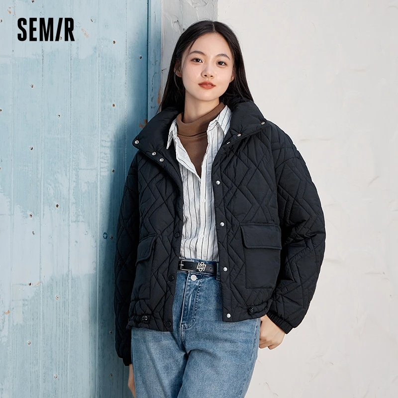 Semir Cotton Clothing Women Stand Collar Loose 2024 New Winter Texture Rhombus Cotton Coat Fashion Casual