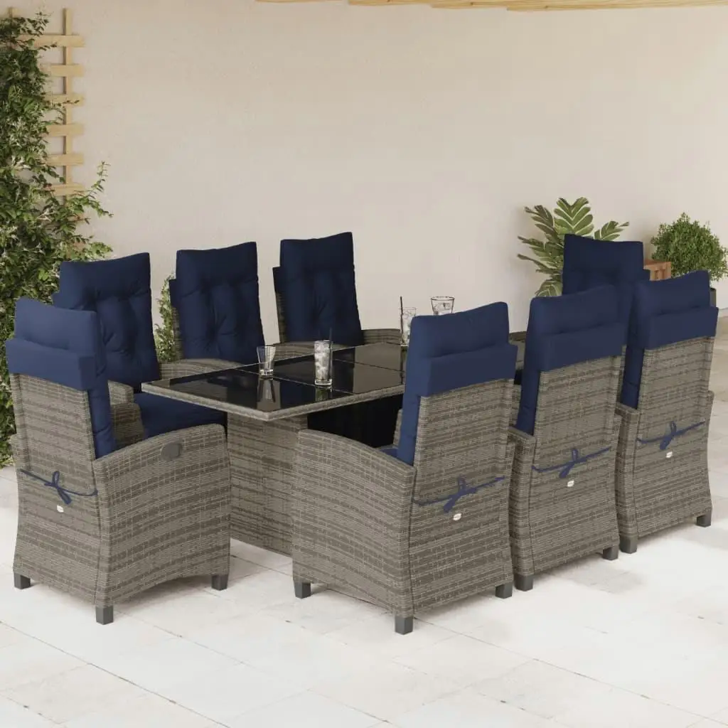 9-Piece Gray Poly Rattan Patio Dining Set with Cushions - Outdoor Furniture