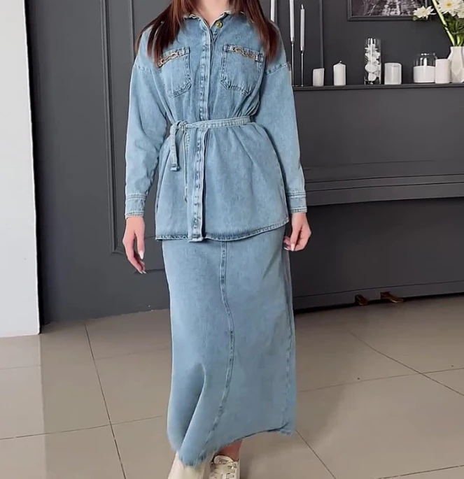 Home Pretty Girl Fashion Long Sleeved Worn Washed Casual Denim Dress Set In Stock