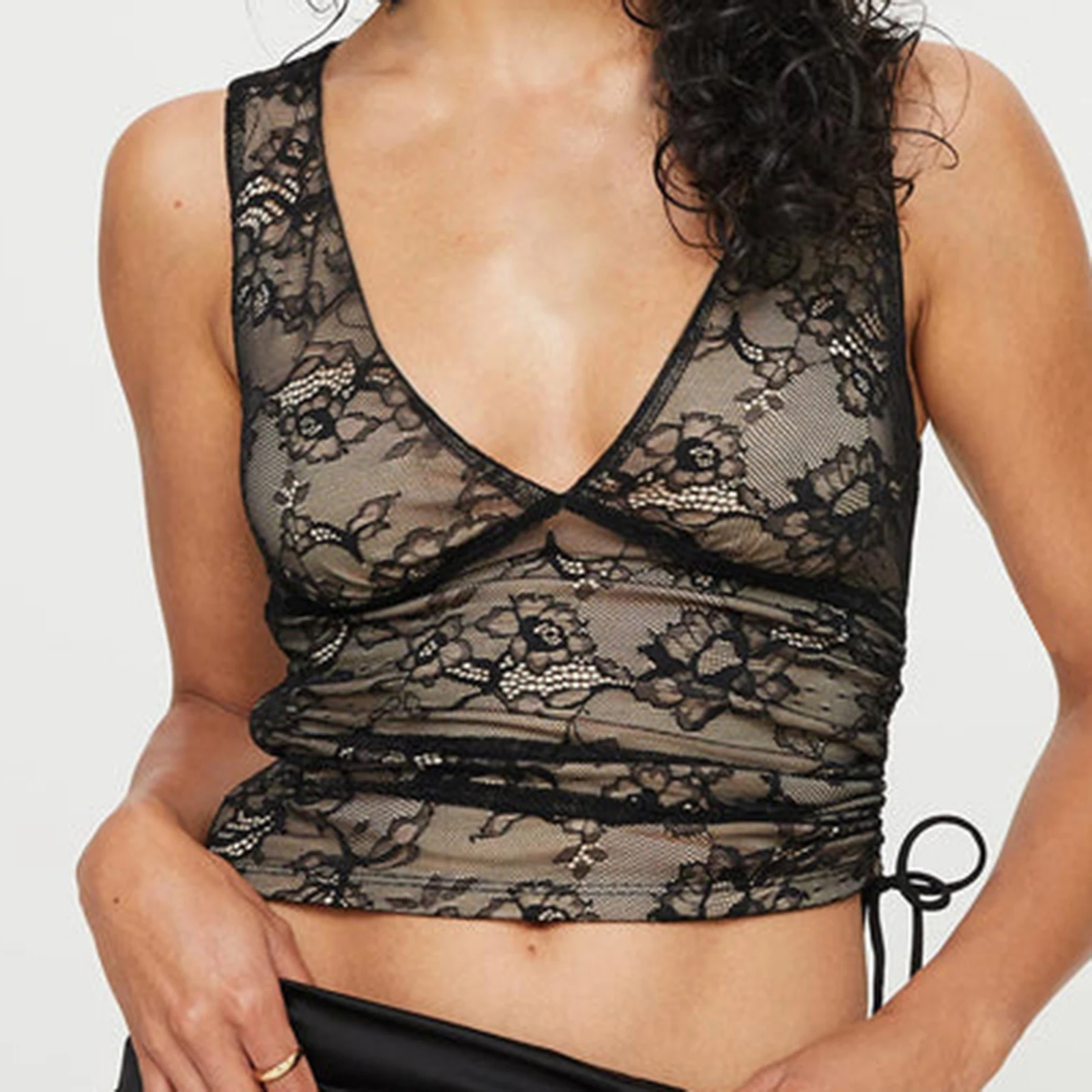 

2025 Women's Sexy Lace Backless Camisoles Stylish Mesh Lace Flower Slim Fit V-Neck Sleeveless Crop Tank Tops