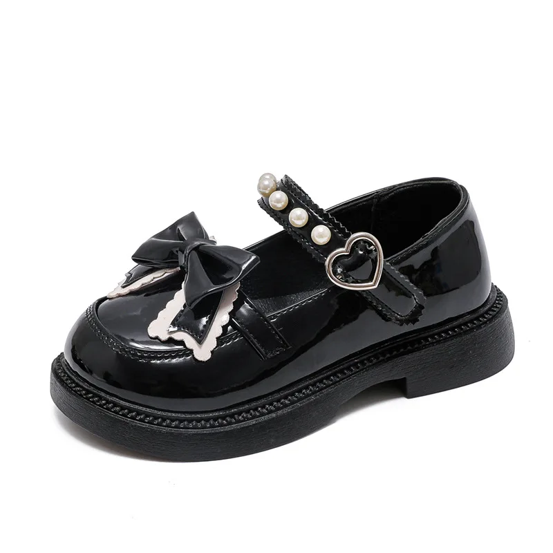 Autumn New Girls Leather Shoes Black Beige Kid Princess Mary Janes Elegant Bowknot Pearl Hook-loop Stylish Children Chunky Shoes