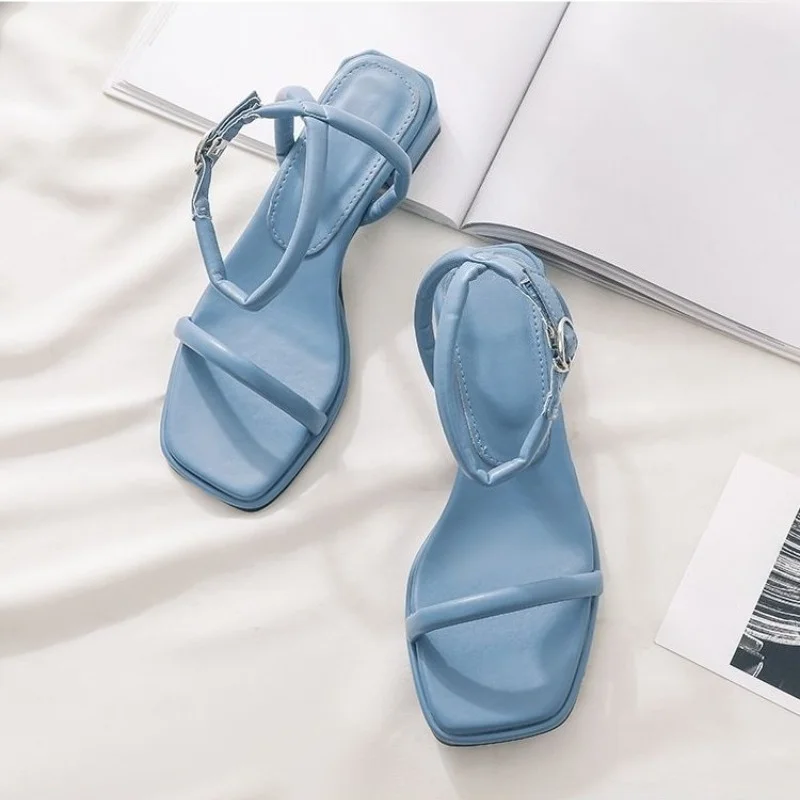 Fashion Womens Shoes 2025 Female Sandal Buckle Mid-Calf Strap Med Block Heels Luxury Peep Girls Beige Medium Chunky Sandals view 2