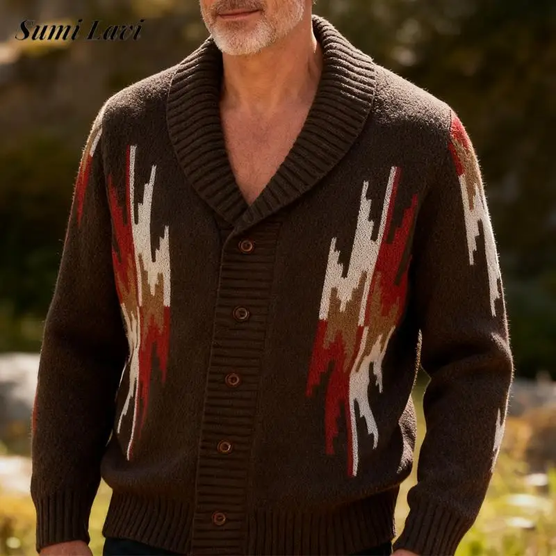 Casual Mens Knitting Cardigans 2025 Autumn Winter Fashion Geometric Crochet Buttoned Sweater Jacket Coat Men Vintage Outerwear