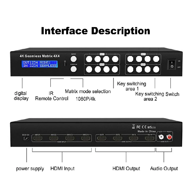 4k HDMI Matrix 4 in 4 Out HDMI 2.1 Video Switcher Splitter + L/R Audio Output,Seamless video matrix switcher with IR Remote