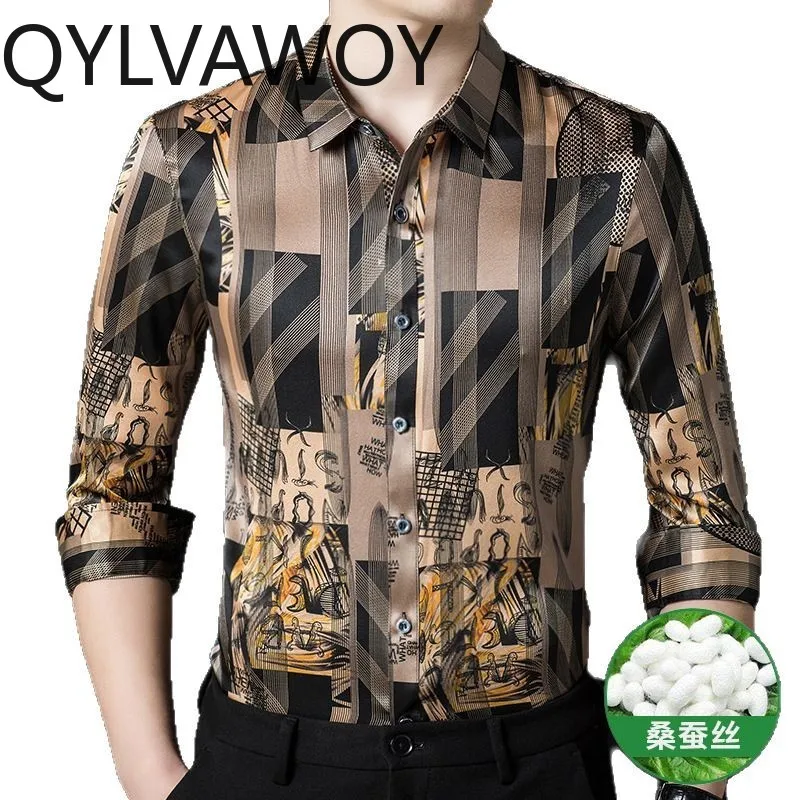 

QYLVAWOY 92.5% Mulberry Silk Men's Shirts Thin Long Sleeve Shirt Spring Autumn Floral Shirts for Man Luxury Man Clothing Fashion