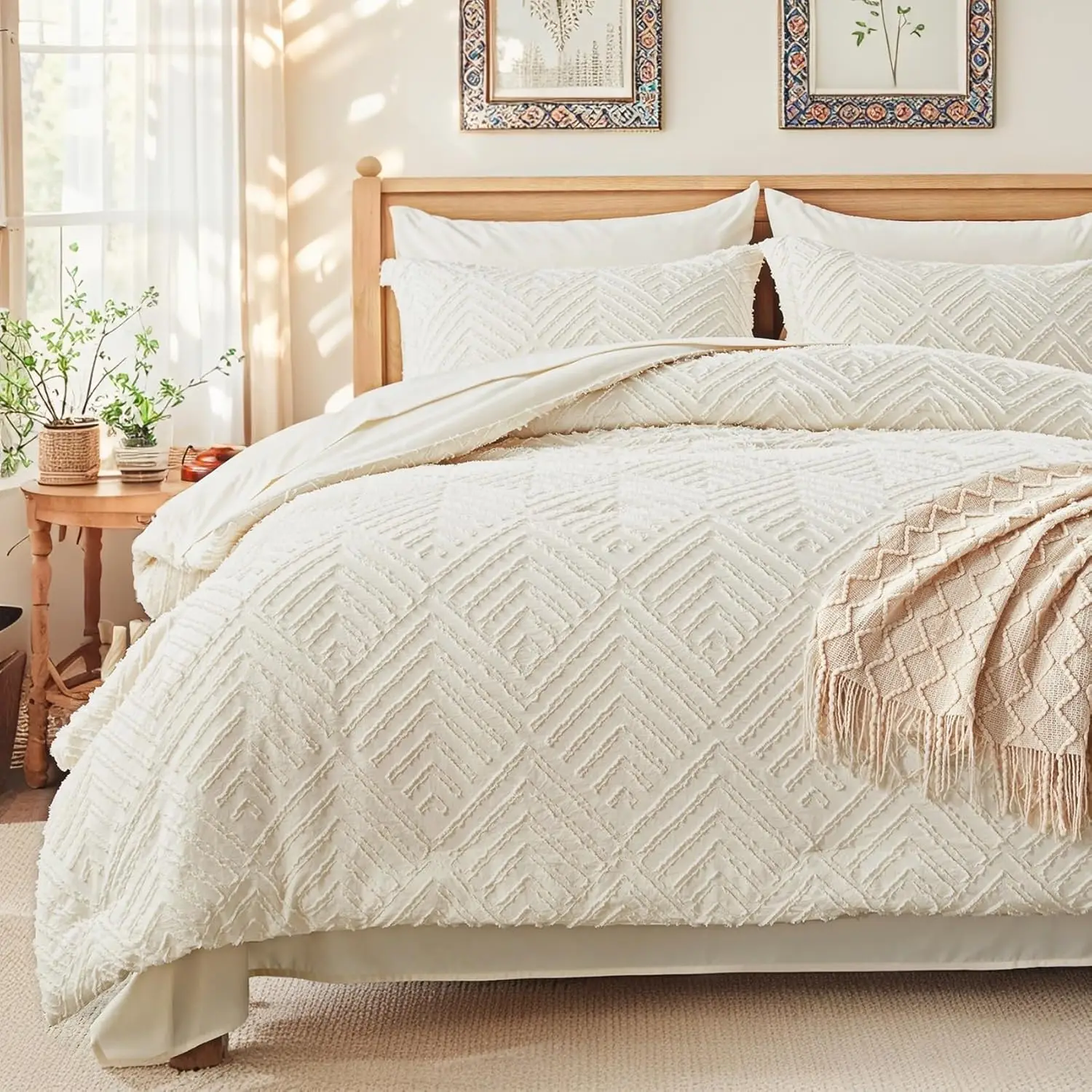 

Queen Comforter Set 7 Pieces, Cream Tufted Bed In A Bag With Comforter And Sheets, All Season Boho Bedding Sets With 1