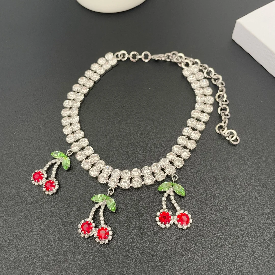 Light luxury, fashionable temperament, niche, cute, simple and personalized cherry double-layer crystal necklace