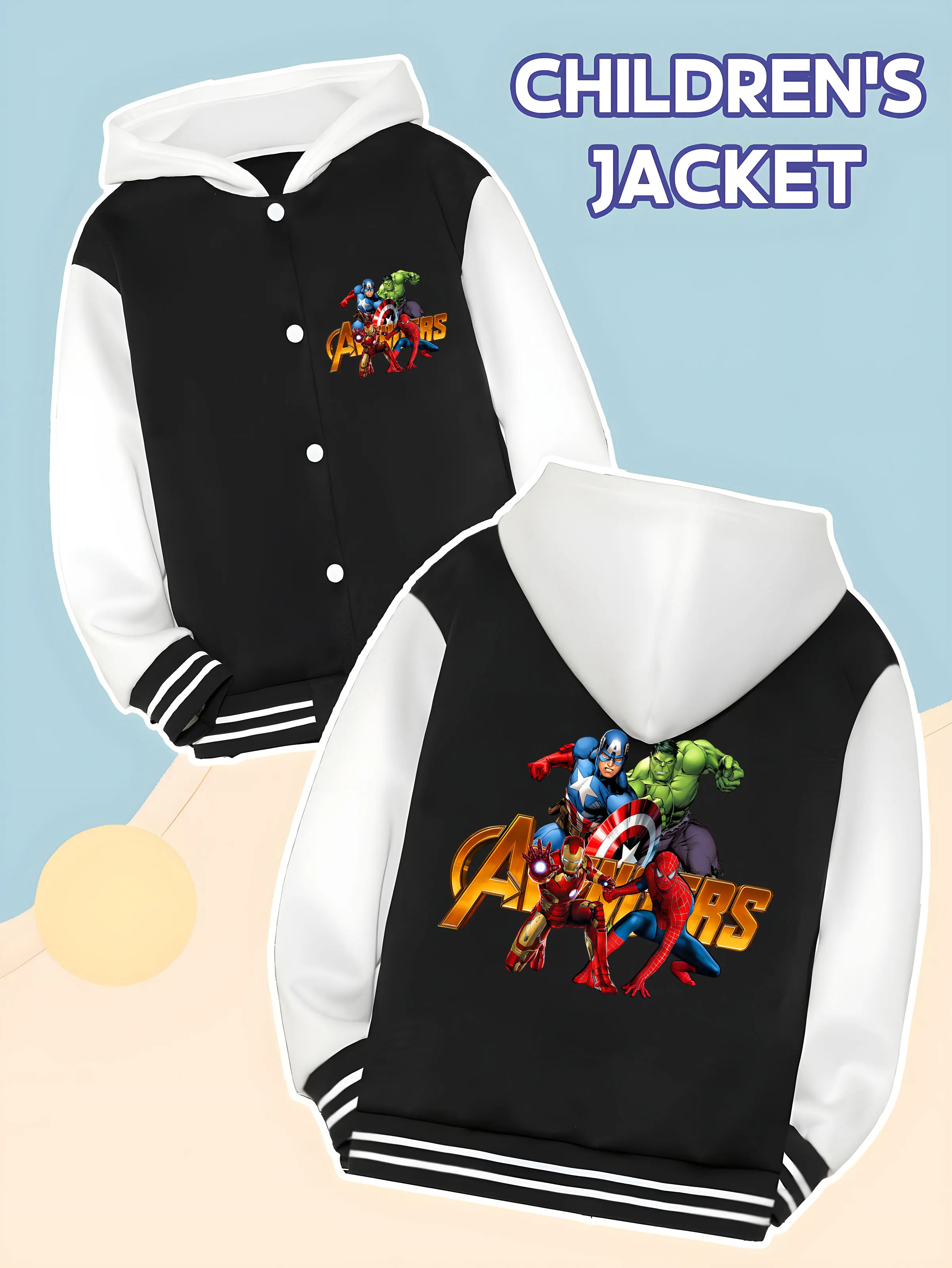 

MINISO Marvel Avengers Collective Boys' Baseball Jacket - Avengers heroes assembled print, double-sided to convey heroic power,