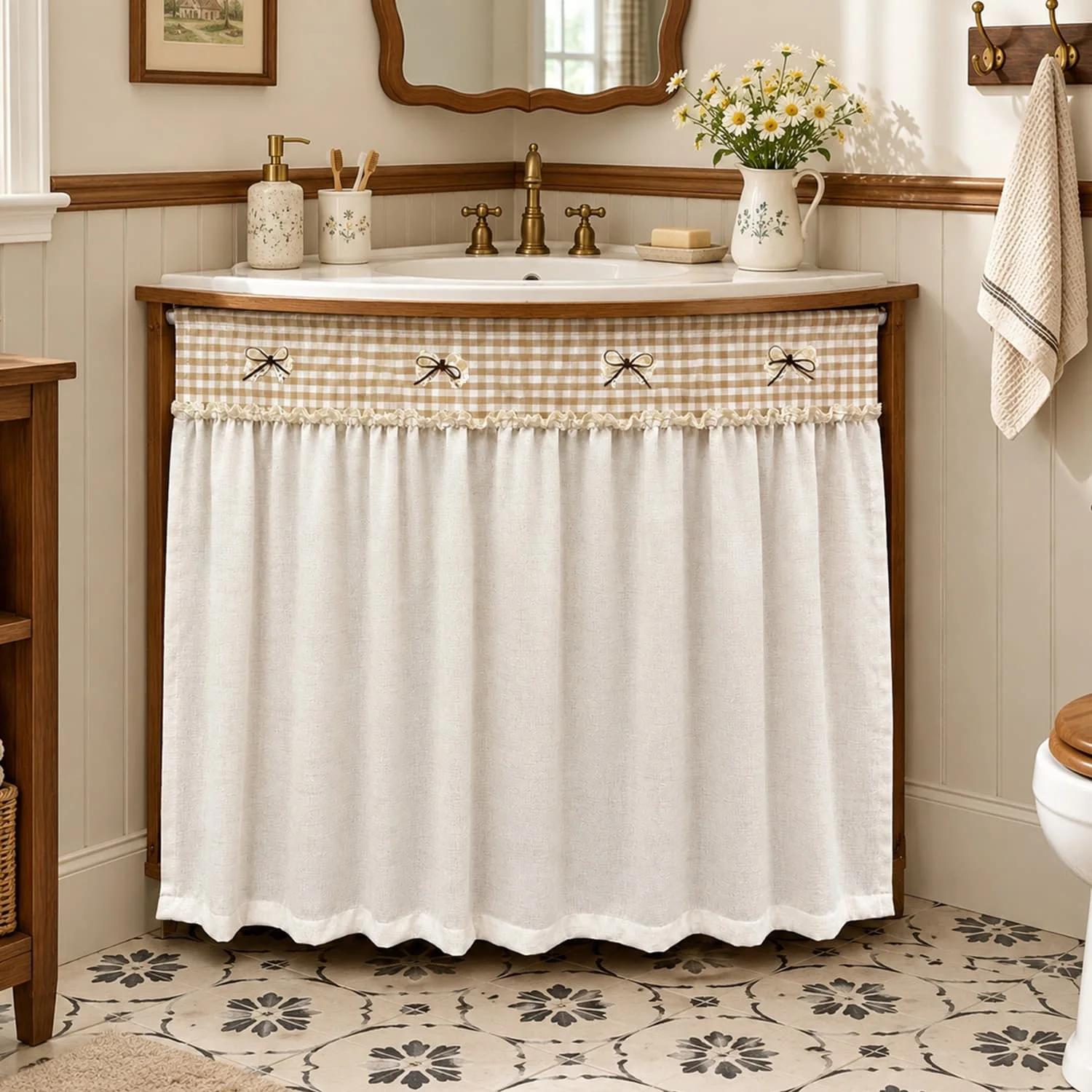 Cabinet Skirt Farmhouse Gingham Sink Skirt with Lace Bows, Self Adhesive No Drill Cabinet Curtain for Bathroom Vanity Sideboard