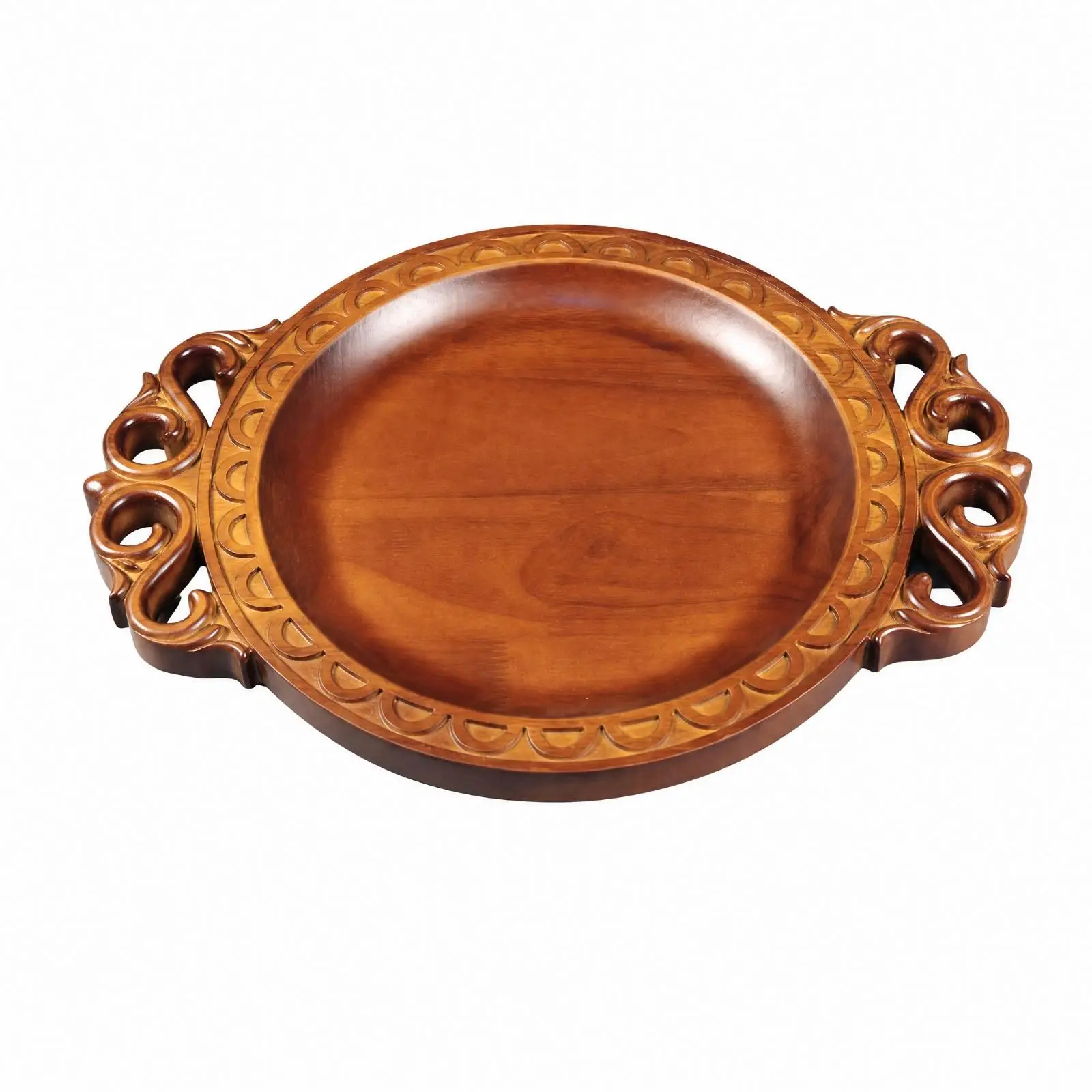 Rustic Brown Wooden Serving Platter with Carved Rim and Side Handles for Passing Shared Dishes at Dinner Parties