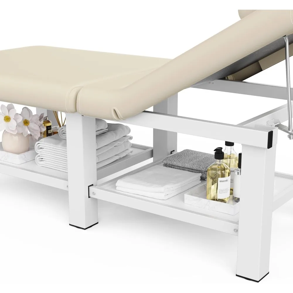 طاولة تدليك ثابتة قابلة للطي بعرض 30.5 بوصة × 75 بوصة مع مسند ظهر ومساحة تخزين لطاولة العلاج
