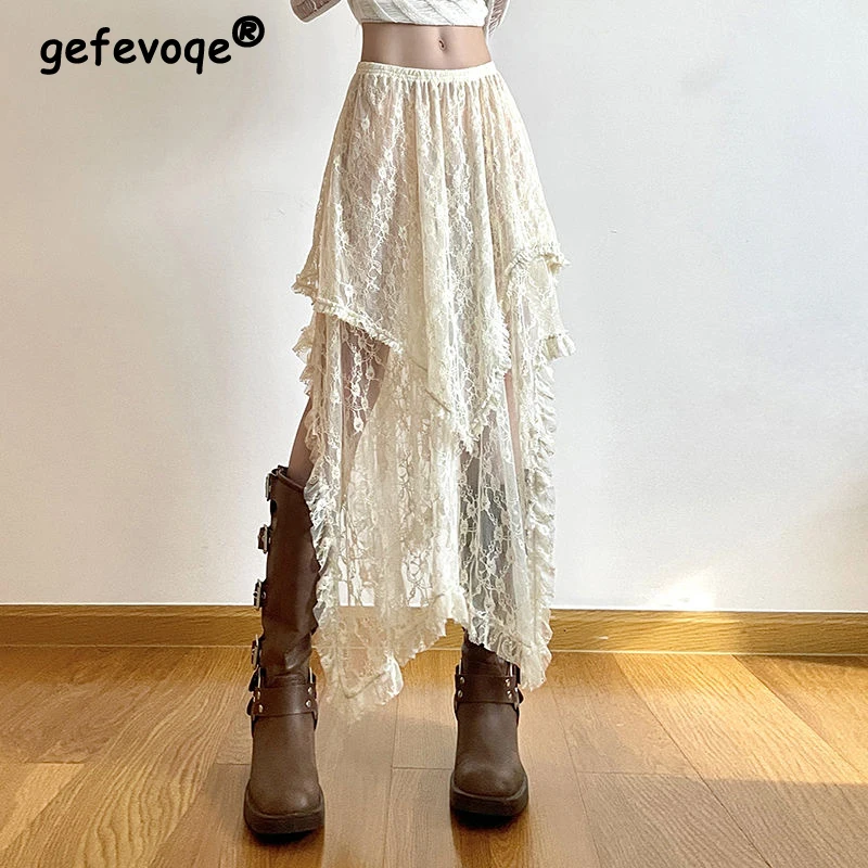 Kobiety Vintage Sexy See Through Ruffle Lace Asymmetrical Fairy Midi Skirts 2024 Summer Female Solid High Waist Y2K Harajuku Skirt