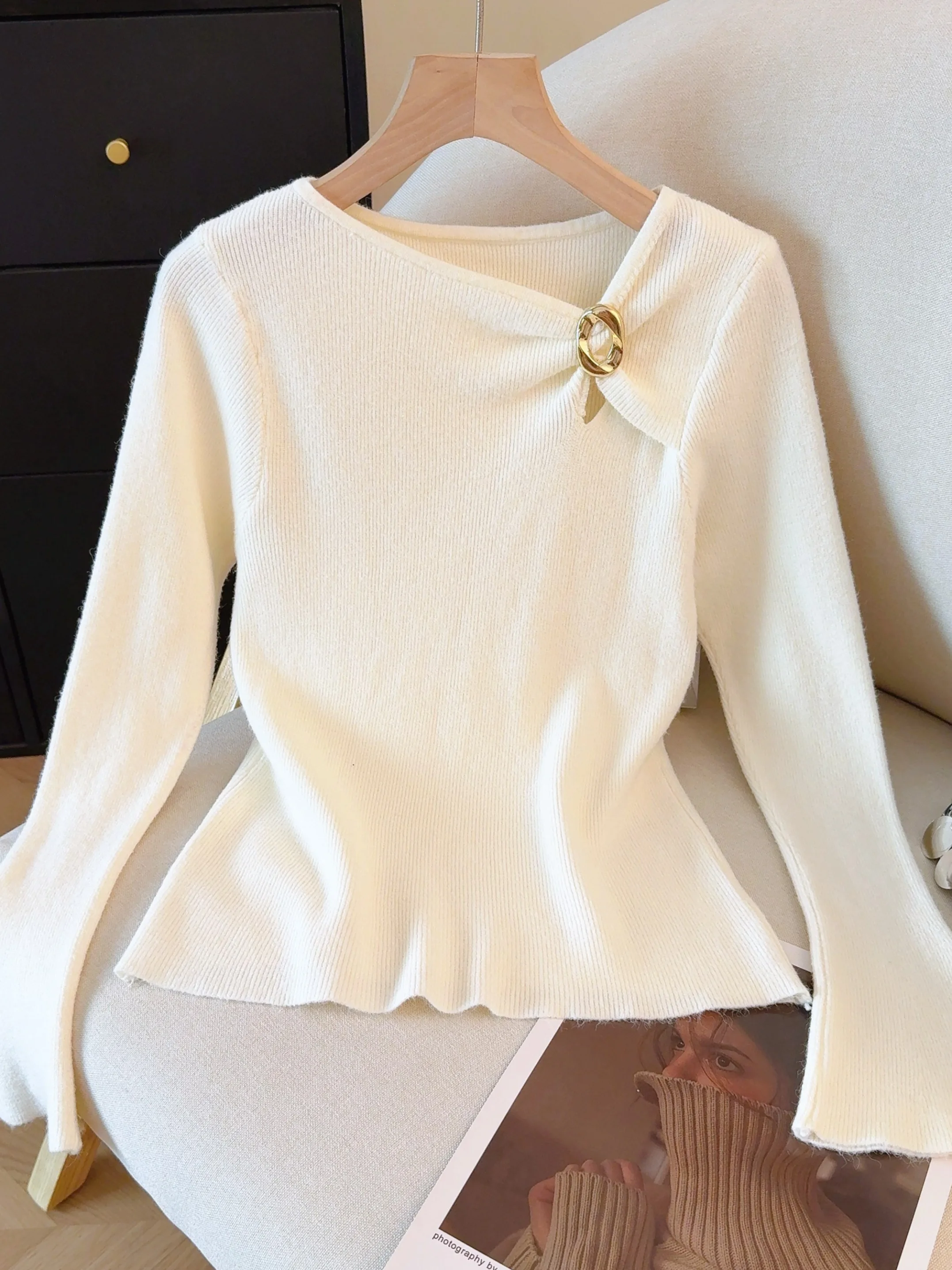 

Premium Knitted Sweater Women's Slim Fit Bell Sve Asymmetrical Collar Base Layer irt Autumn Winter Commute Sle