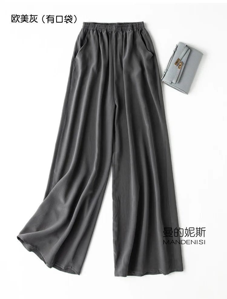 Tcyeek 100% Natural Silk Pants Women Summer Clothes Casual Elastic Waist Wide Leg Pants Solid Color Woman Trousers Streetwear