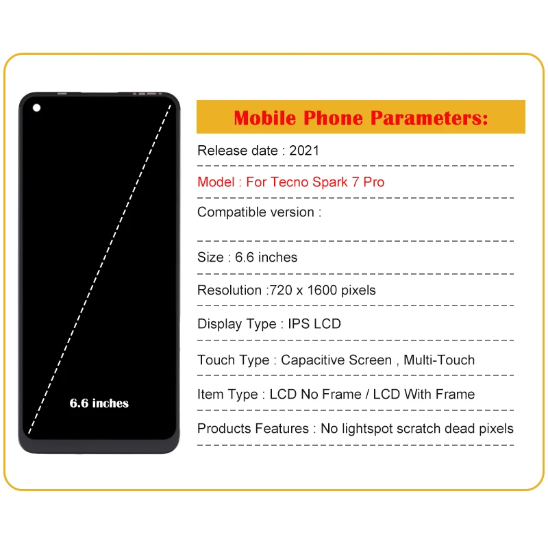 For Tecno Spark 7 Pro Mobile Phone LCD Screen Display assembly Touch Screen LCD Panel Replacement