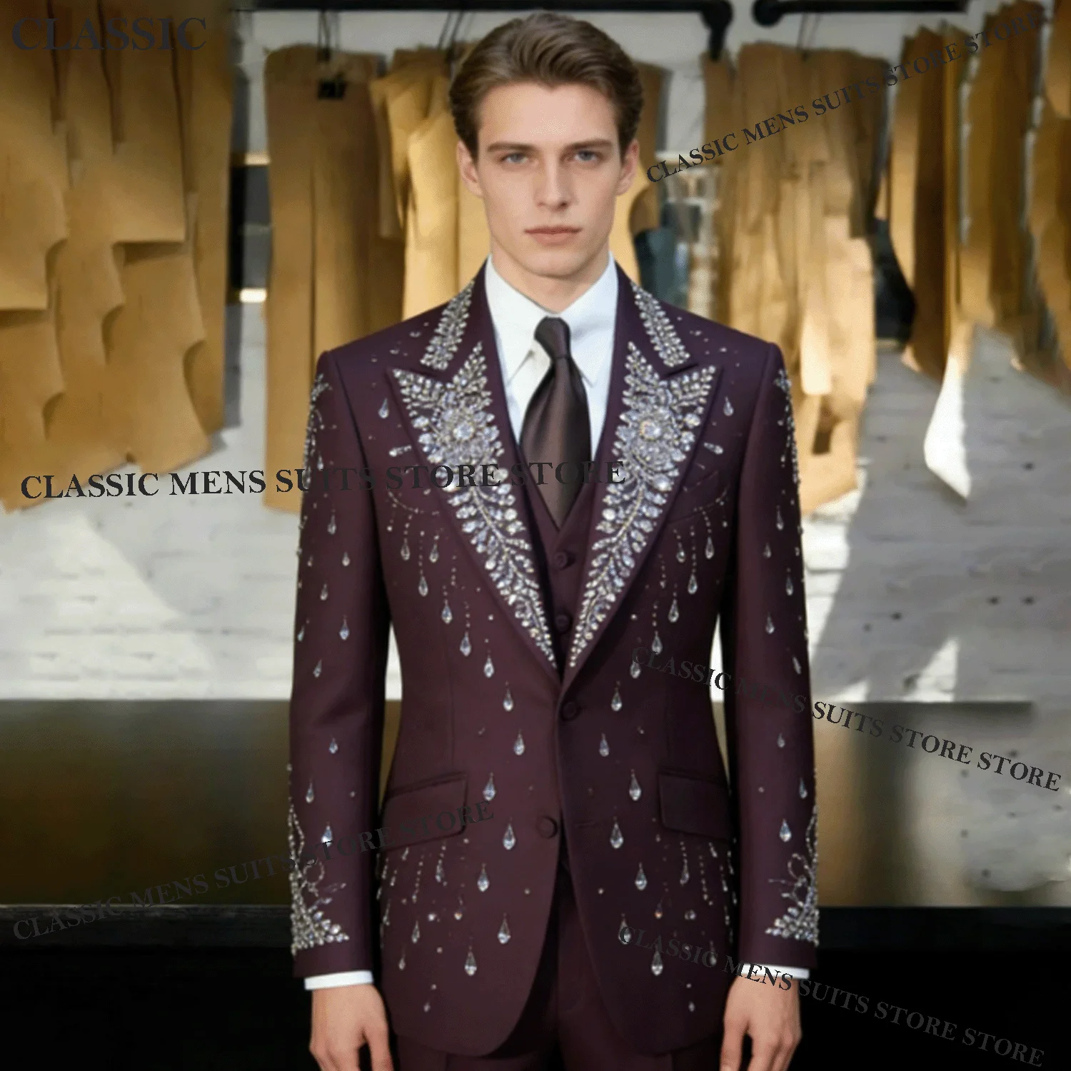 

Customized Diamond Crystal Men Suits 3 Pieces Sets Male Party Blazers Glitter Groom Evening Tuxedos Slim Sequins Costume Homme