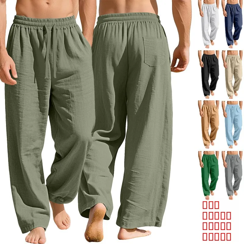 

Свободные повседневные мужские льняные спортивные брюки с цветными шнурками, модные прямые брюки со средней талией для отдыха