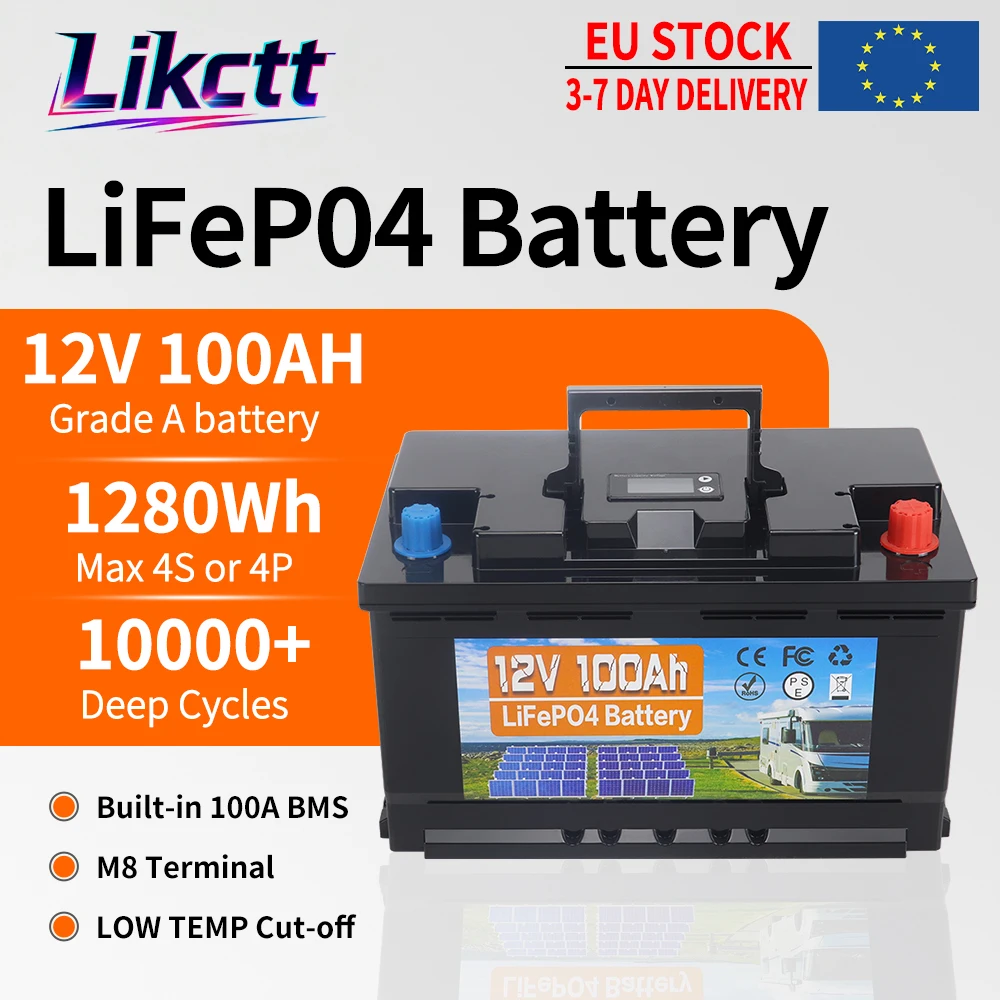 EU-voorraad 12V 24V 100AH 150AH 200AH 350AH LiFePO4-batterij met ingebouwde BMS, lithium-ijzerfosfaatcellen, 9000 cycli, geschikt voor vervanging van de meeste back-upstroom, thuisenergieopslag,