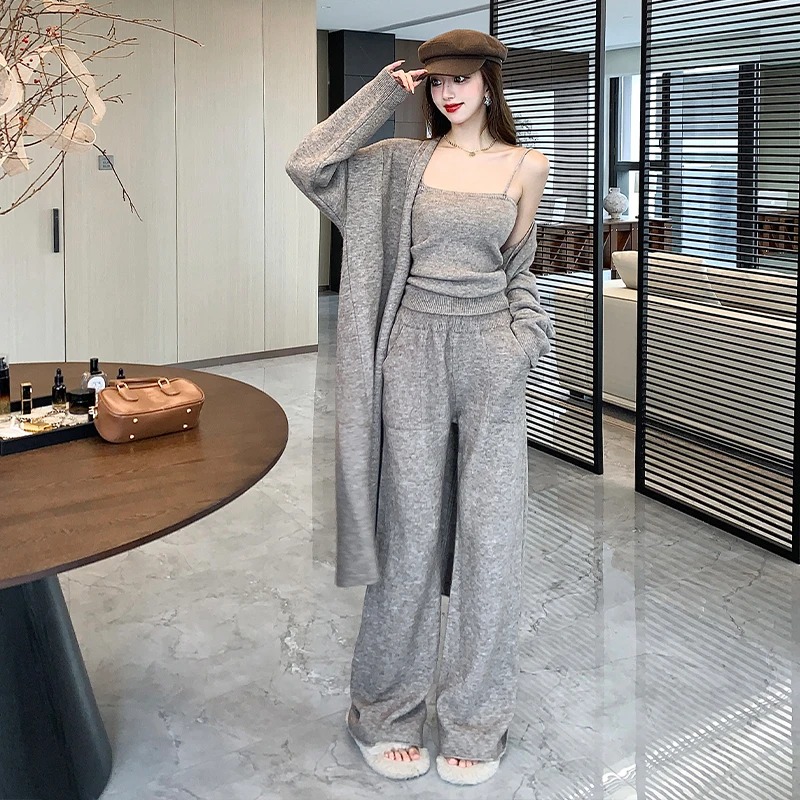 

Fashion Women Sweater 3 Piece Set Tracksuit Autumn Long Cardigan Coat Half Vest Wide Leg Pants Knitted Suits Outfits Female