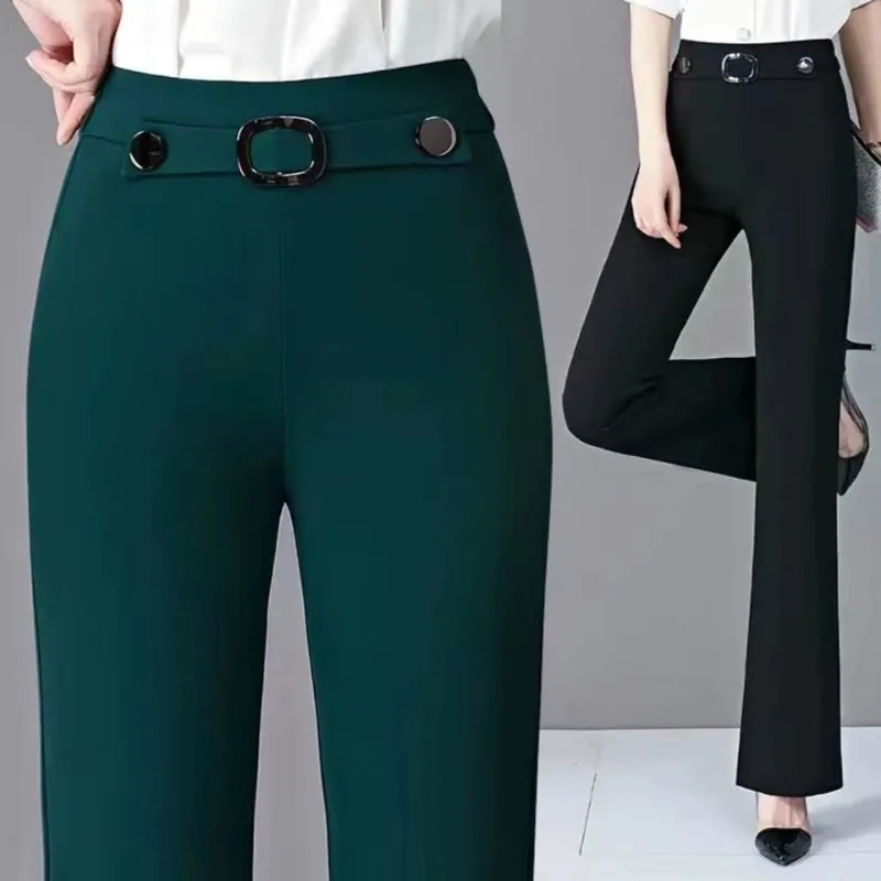 Pantalones rectos ajustados de cintura alta para mujer, pantalones casuales con botón de bolsillo empalmado, elásticos, moda de viaje, primavera y verano, nuevo