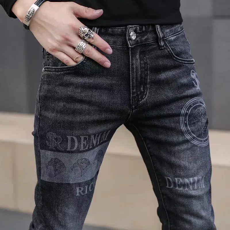 High End Stylish Classic Distinctive Printed Black Stretch Denim Jeans for Men High Quality Slim Fit Stretch Luxury Denim Pants