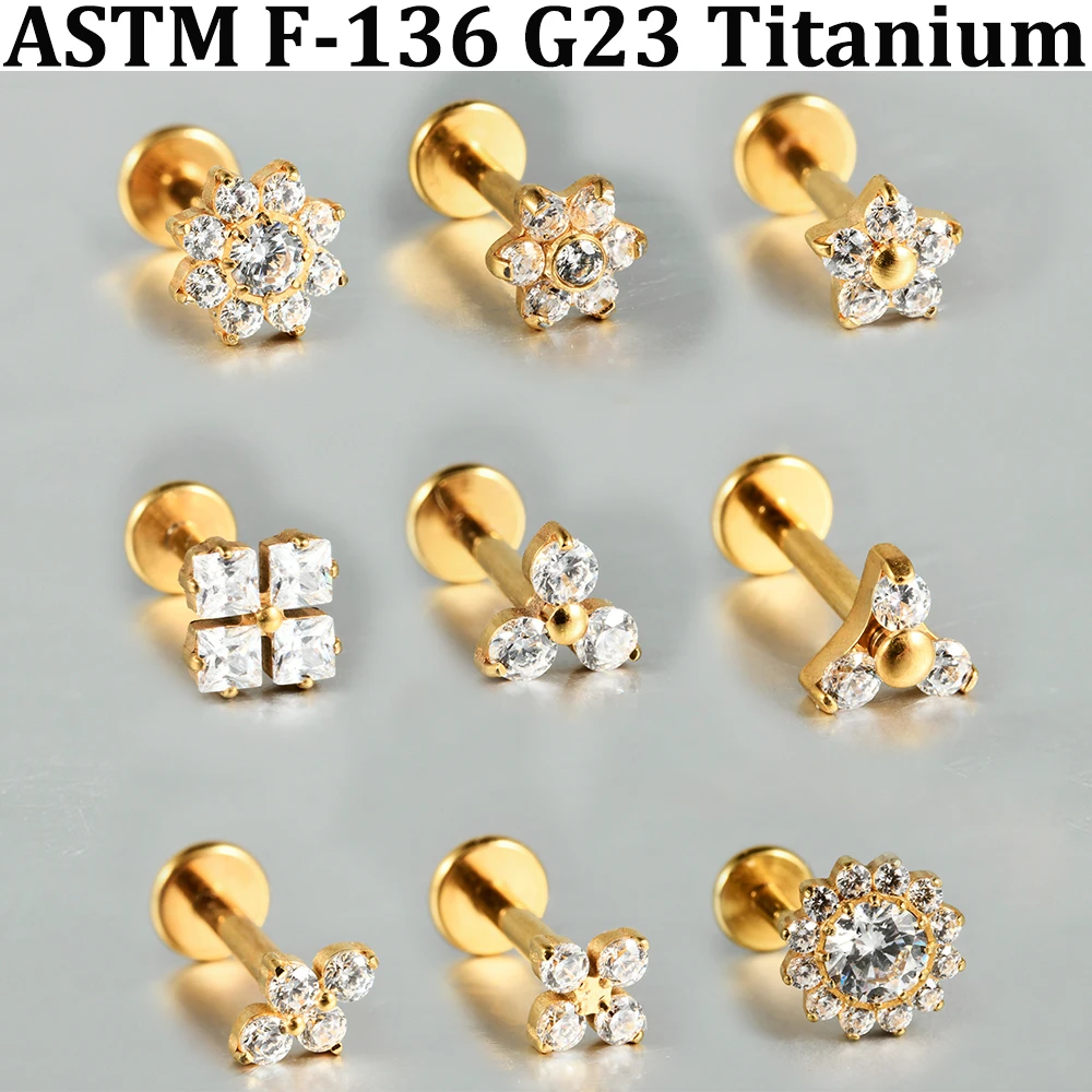 1 Stück Glänzender CZ-Blumen-Labret-Stud in verschiedenen Formen, G23 reines Titan, Innenschraube, Zirkonia, Rook-Ohrstecker, Traugs Conch Ohrring, 16g – Detail 1