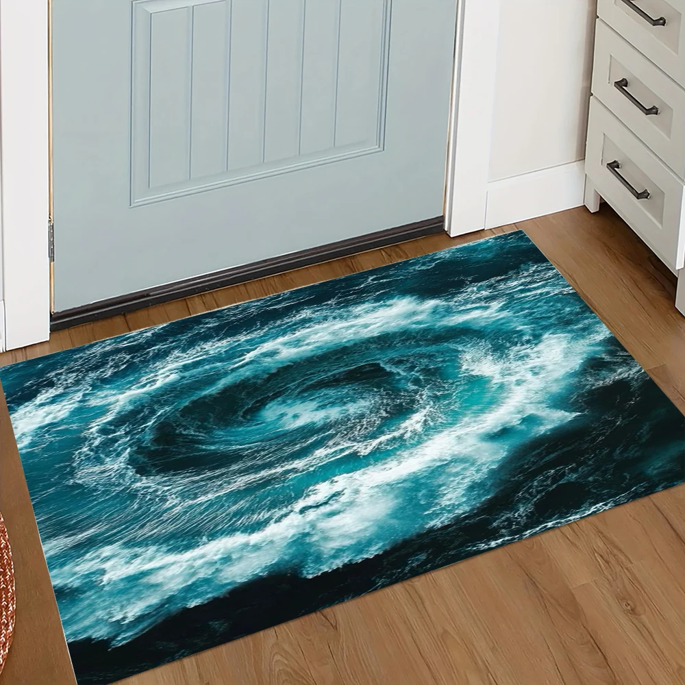 3D Ocean Whirlpool Pattern Door Mat Realistic Sea Vortex with Boat Beach Wave Designs Non Slip Floor Mat for Home Entrance Decor