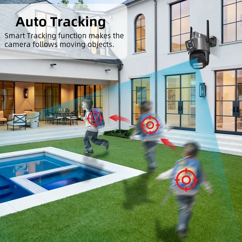 Imagen 2 del producto Cámara WIFI de doble lente 4K HD, cámara PTZ de doble pantalla 2K, cámara de seguridad de seguimiento automático para exteriores, vigilancia impermeable ICSEE