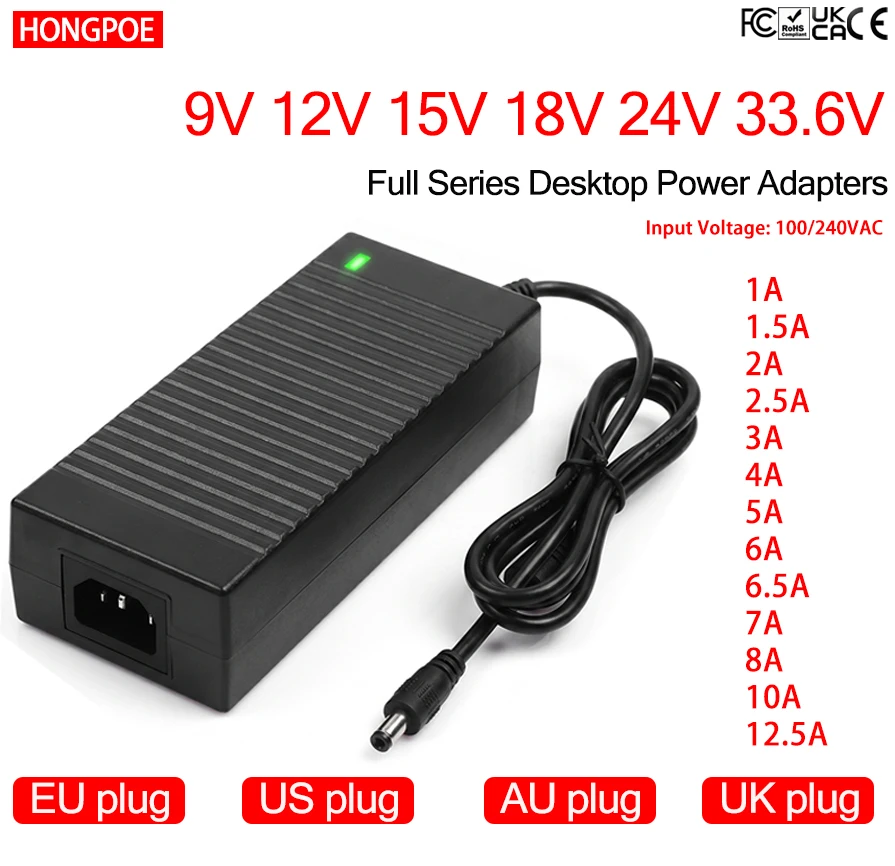 CE Multi-Voltage 9V 12V 15V 18V 24V 33.6V Desktop Power Adapter, 100-240VAC Input, EU US AU UK Plugs for LED TV 3D Printers CCTV