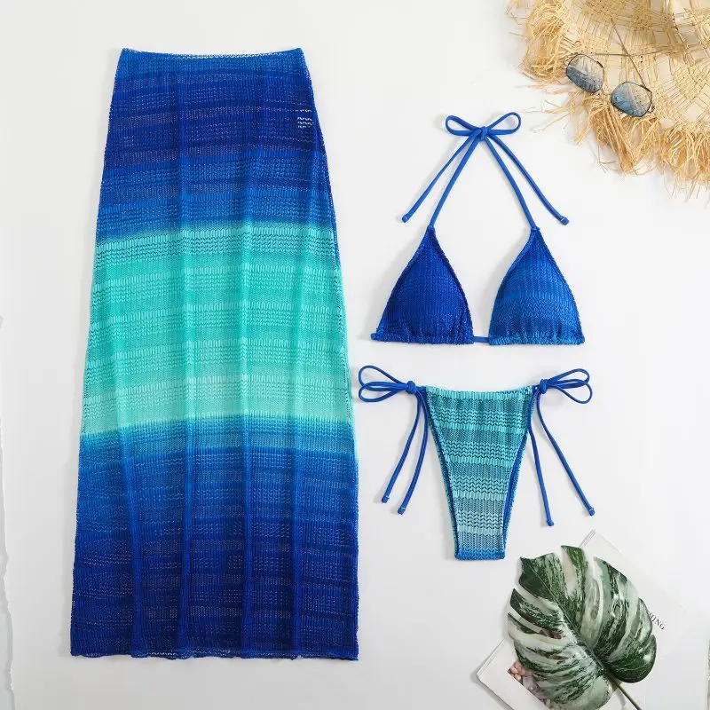 Cikini Gradient Mesh Three Piece Beach Long Skirt Sexy Bikinis Set Summer Sexy Swimwear Bathing Suit For Women