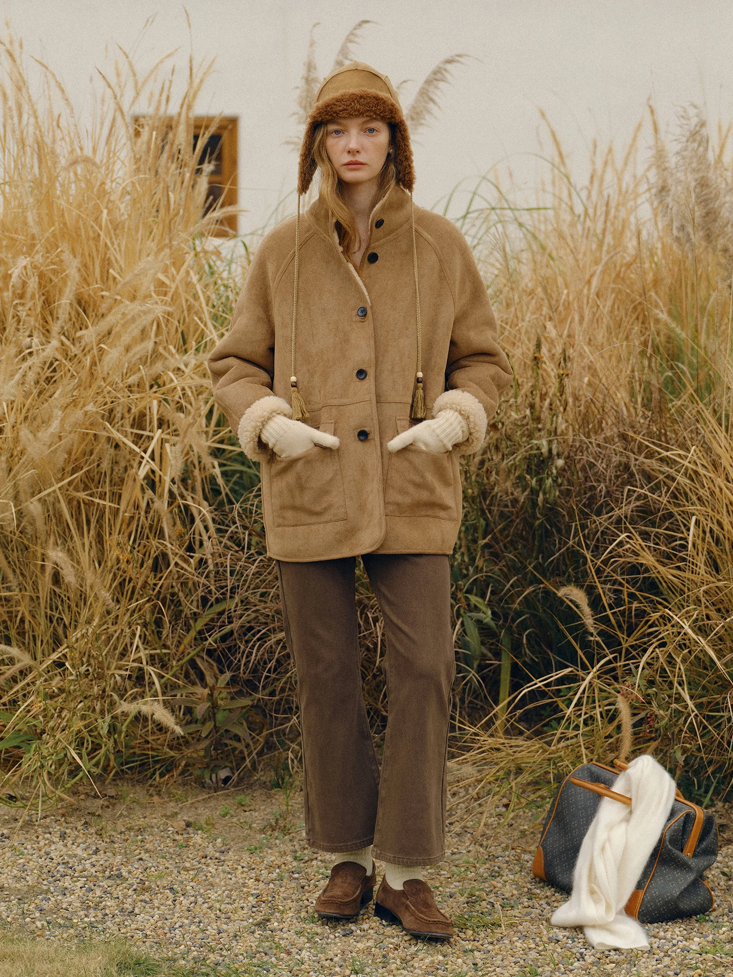 클린센스 풀울 스웨이드 가죽 퍼 일체형 숄더 슬리브 가죽 자켓 안팎 따뜻한 프렌치 스타일 여성 코트