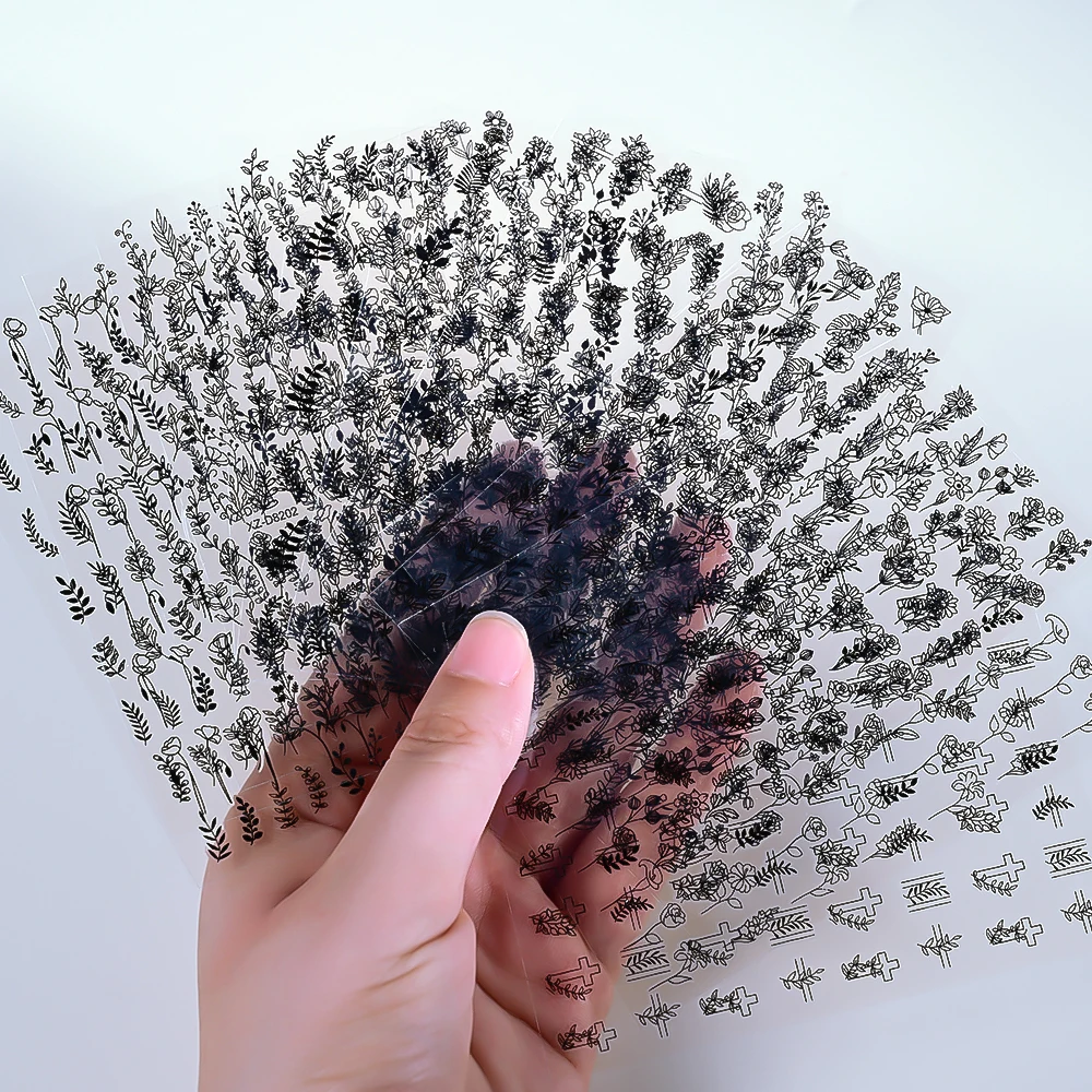 Autocollants floraux noirs pour Nail Art, 12 pièces, feuilles d'herbe de palmier et dessins floraux, décalcomanies pour Nail Art, motifs de fleurs rétro élégants, fournitures pour ongles