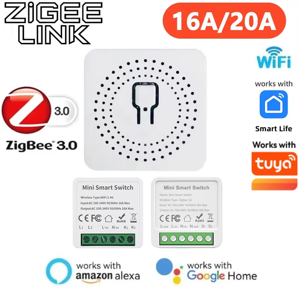 WiFi / Zigbee 3.0 Smart Light Switch Module Relay Breaker Module 2-Way Control 16A 20A Voice Control for Tuya Alexa Google Home