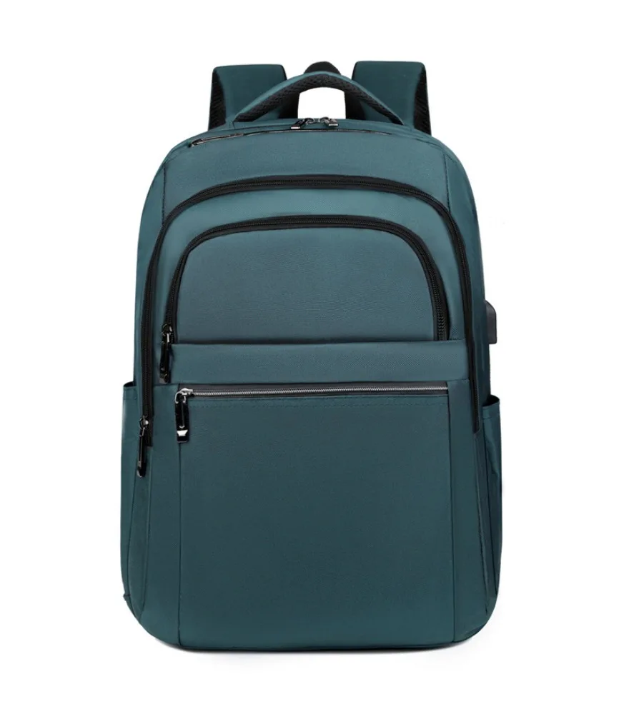 Dark green multi compartment backpack triple front zipper pockets dual side bottle mesh anti splash spacious inner space