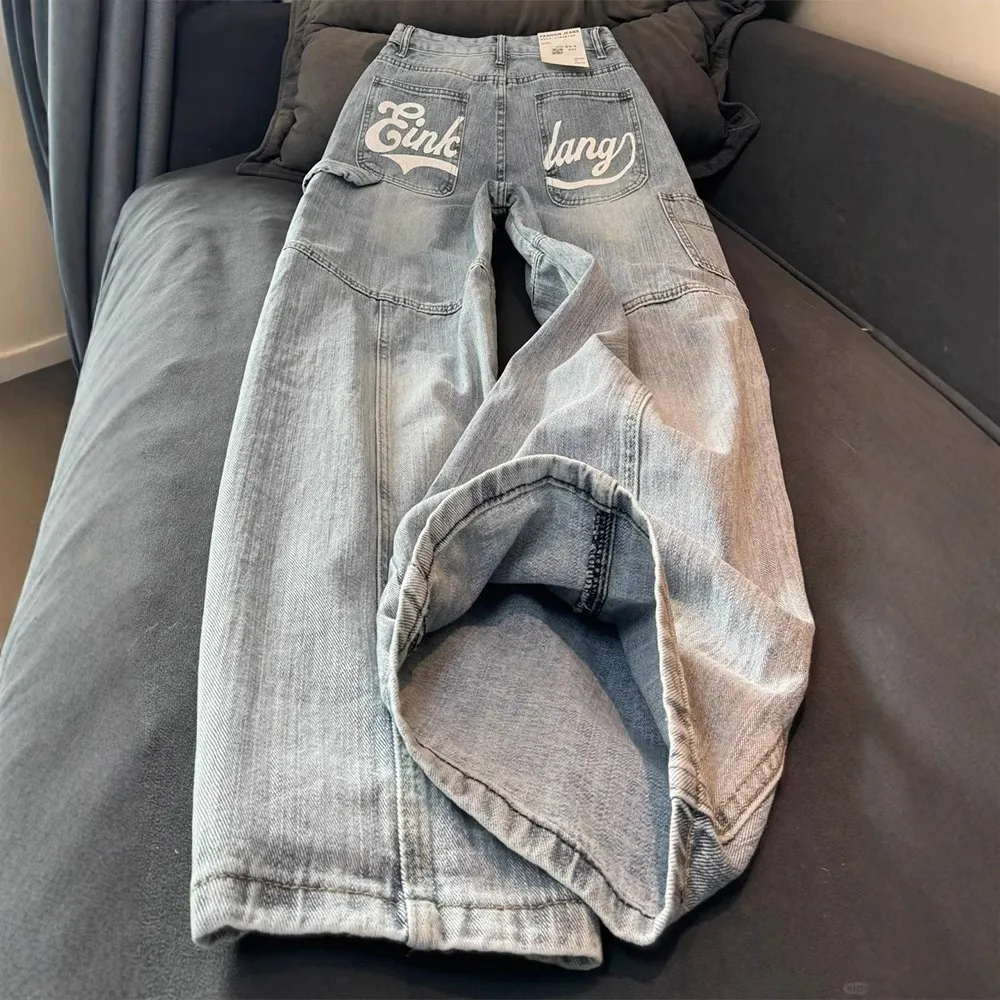 

Jean à jambes larges pour femmes, imprimé de lettres, Y2K, taille haute, Streetwear, Baggy, pantalon en Denim, Bf américain Hip