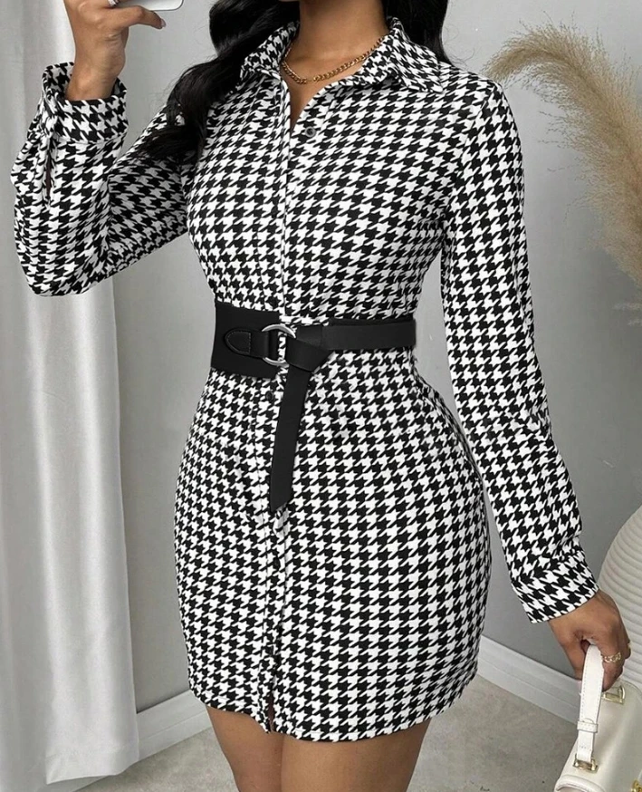 Women's Sexy Dress 2024 Autumn Winter Latest Houndstooth Print Long Sleeve Turn Down Collar Button Front Mini Dress Short Skirt