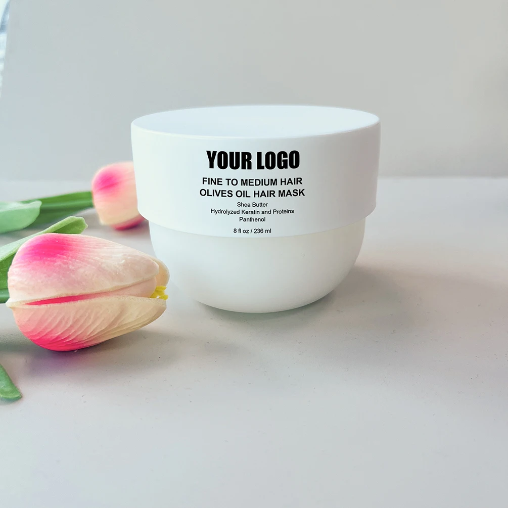 Máscara para el cabello de etiqueta privada, logotipo personalizado, 236ml, crema de aceite de oliva vegano, máscara para el cabello, mejora la reparación del Frizz, maquillaje para el cabello suave, paquete blanco
